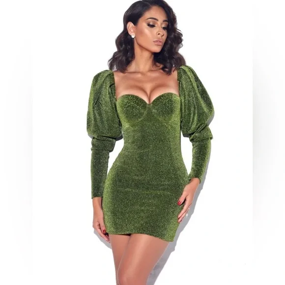 Miss circle Green Metallic Puffed Shoulder Sleeve Mini Dress - Picture 2 of 6
